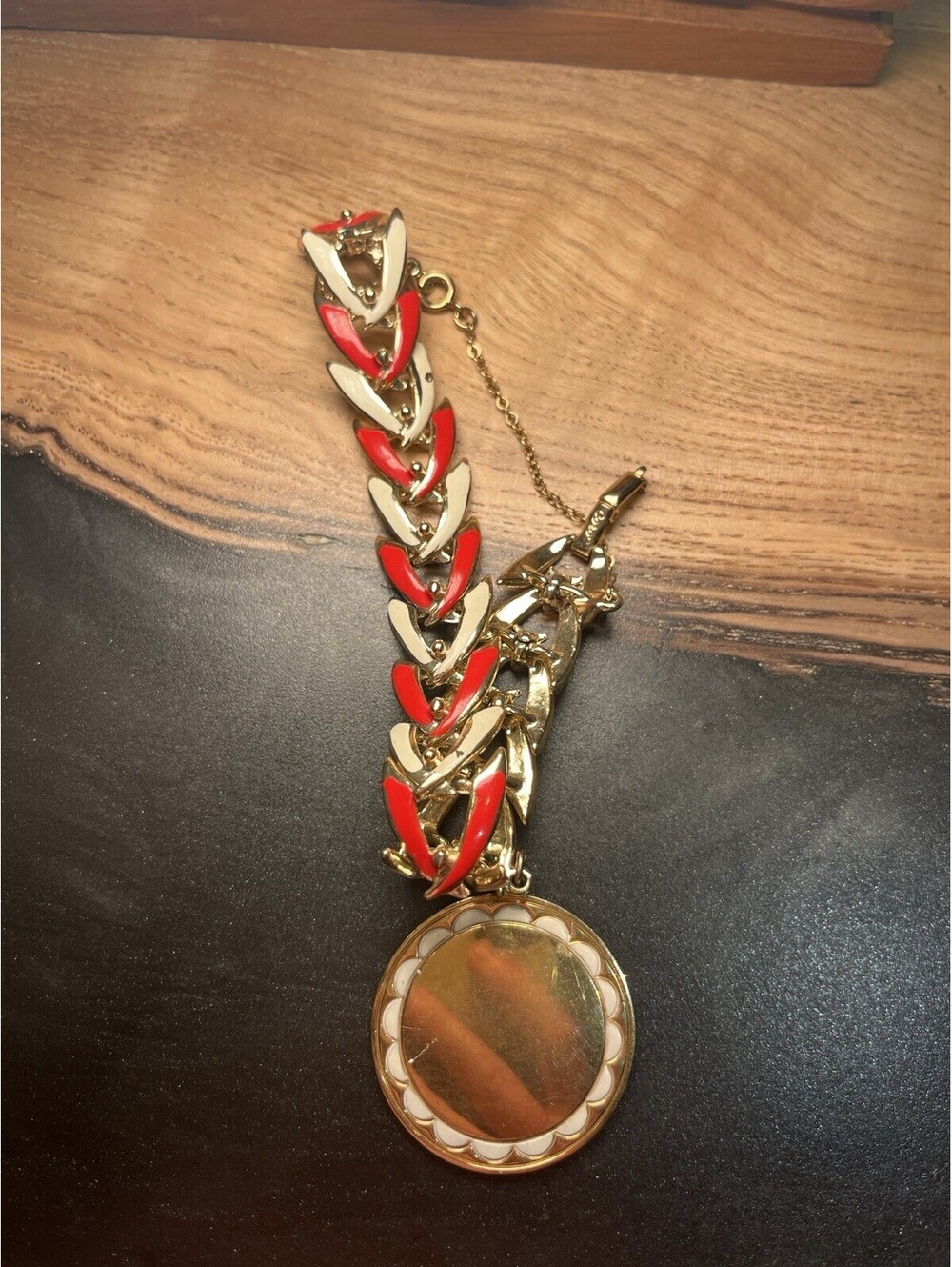 Rare Vintage Red & Gold Colored Coro Brand Bracelet W/ Pendant
